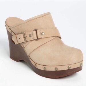 UGG Natalee Tan Platform Wood + Suede Mule Clogs